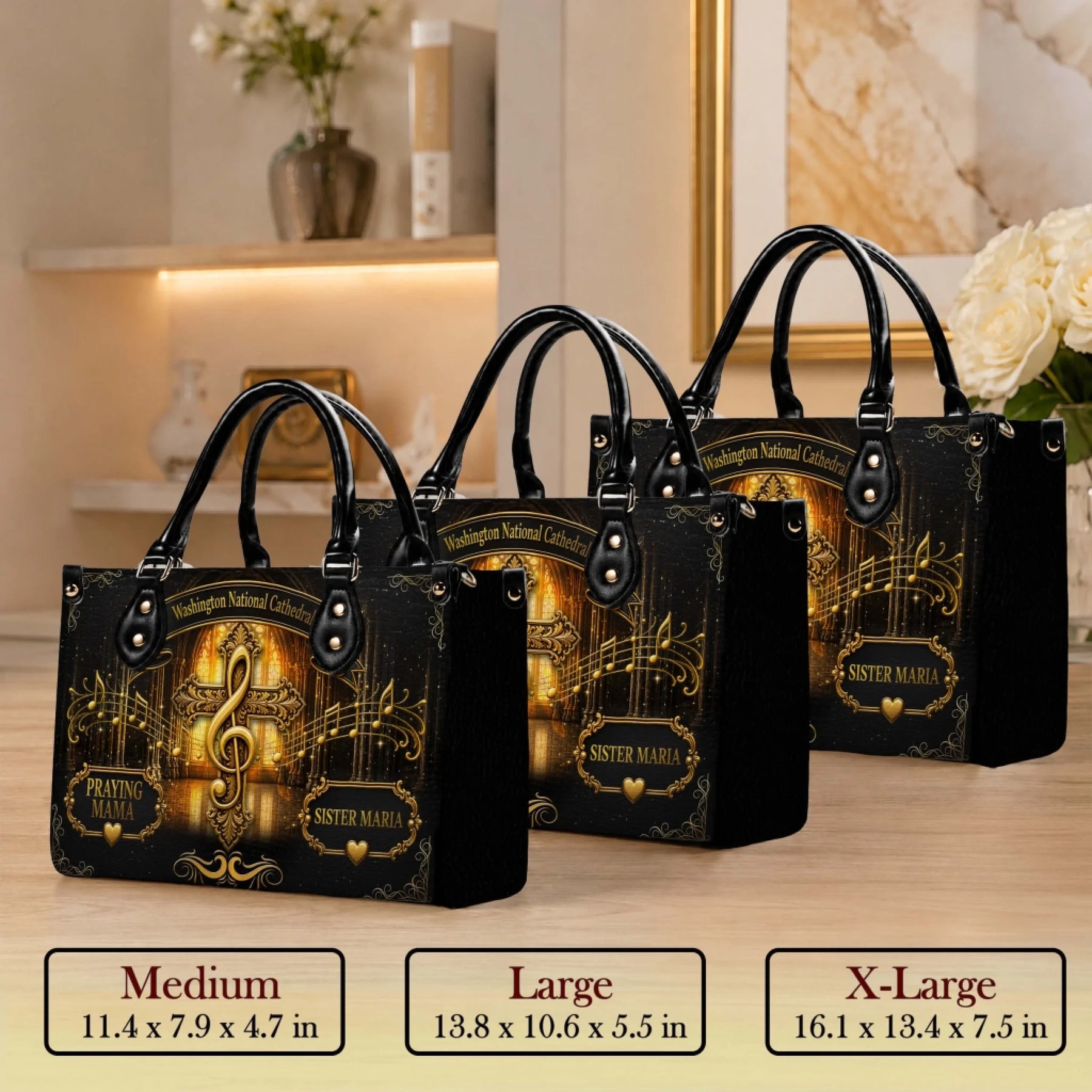 Set of three personalized musical tote bags featuring a cross, treble clef, and custom names in varying sizes.