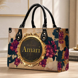 Elegant custom handbag personalized with the name Amari, floral artwork, and a woman of faith inspirational quote.