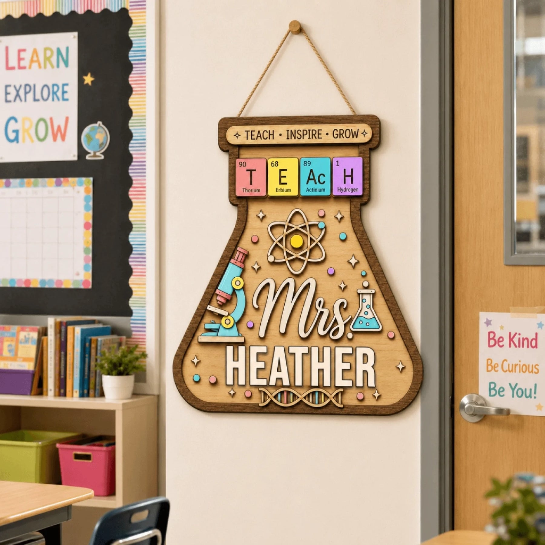 A personalized flask-shaped sign for Mrs. Heather science classroom with microscope, DNA, and periodic table details.