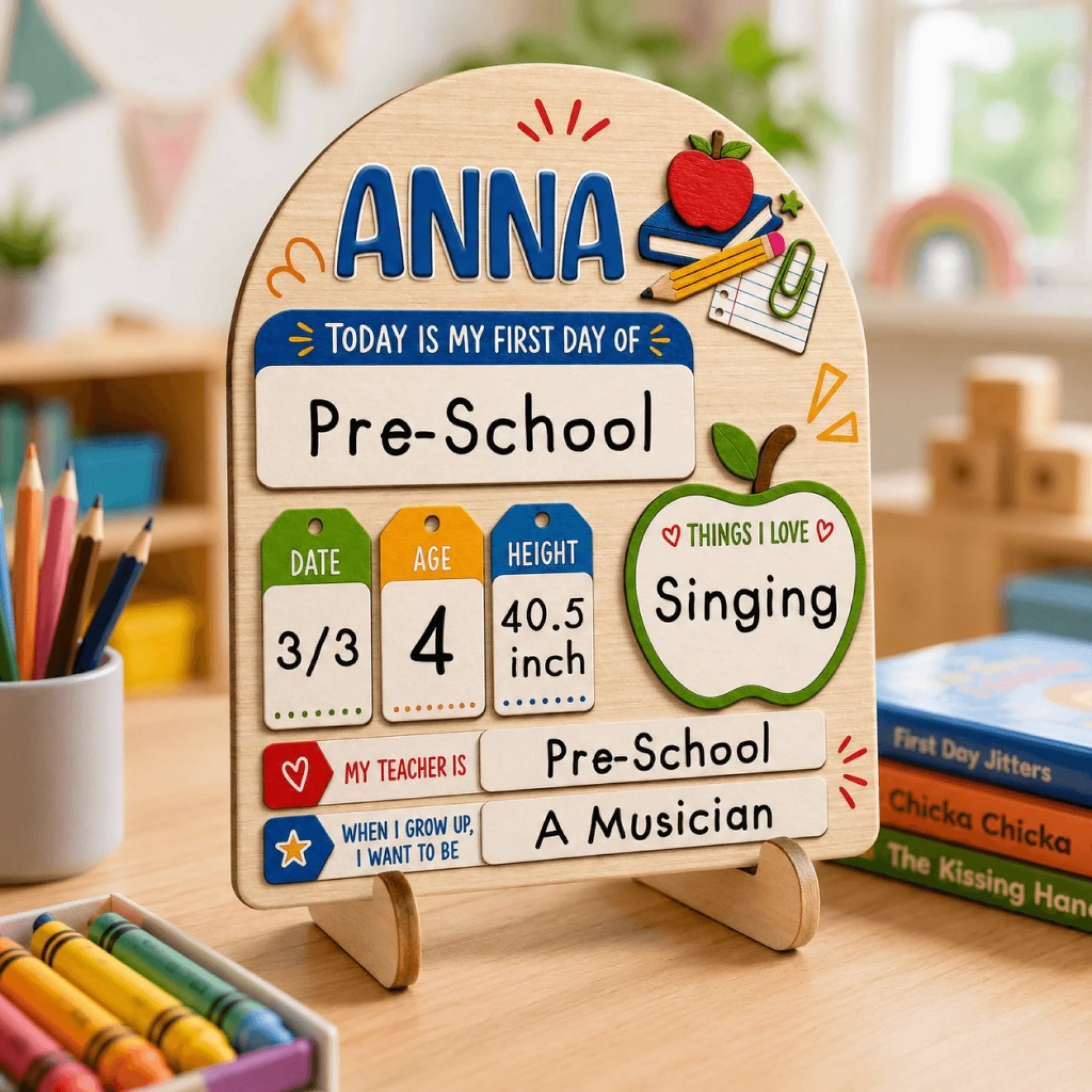 Custom preschool first day of school wooden plaque for Anna, including space for height, age, and favorite interests.
