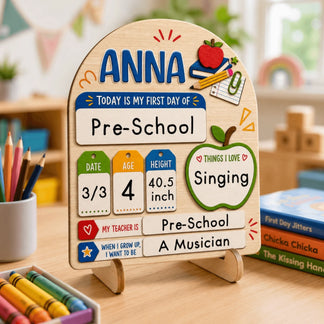 Custom preschool first day of school wooden plaque for Anna, including space for height, age, and favorite interests.