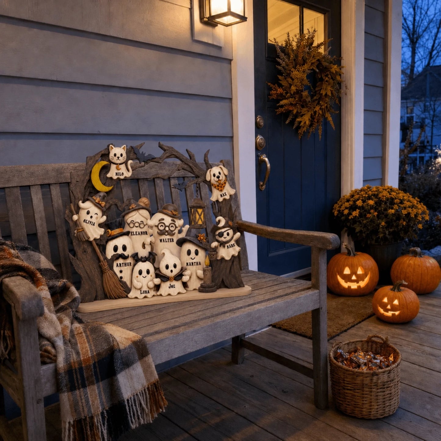 Personalized wooden ghost family tabletop sign sitting on a porch bench next to carved jack o lanterns for Halloween.