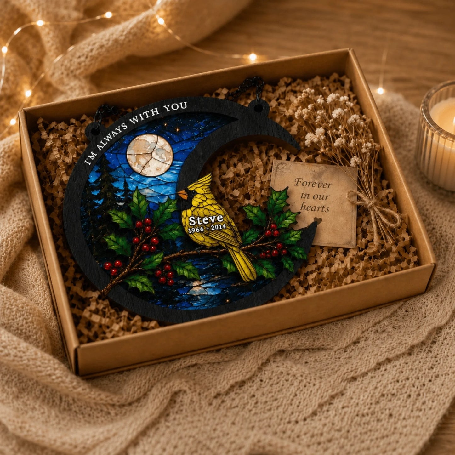 Personalized yellow cardinal memorial suncatcher in a gift box with a forever in our hearts sympathy message card.