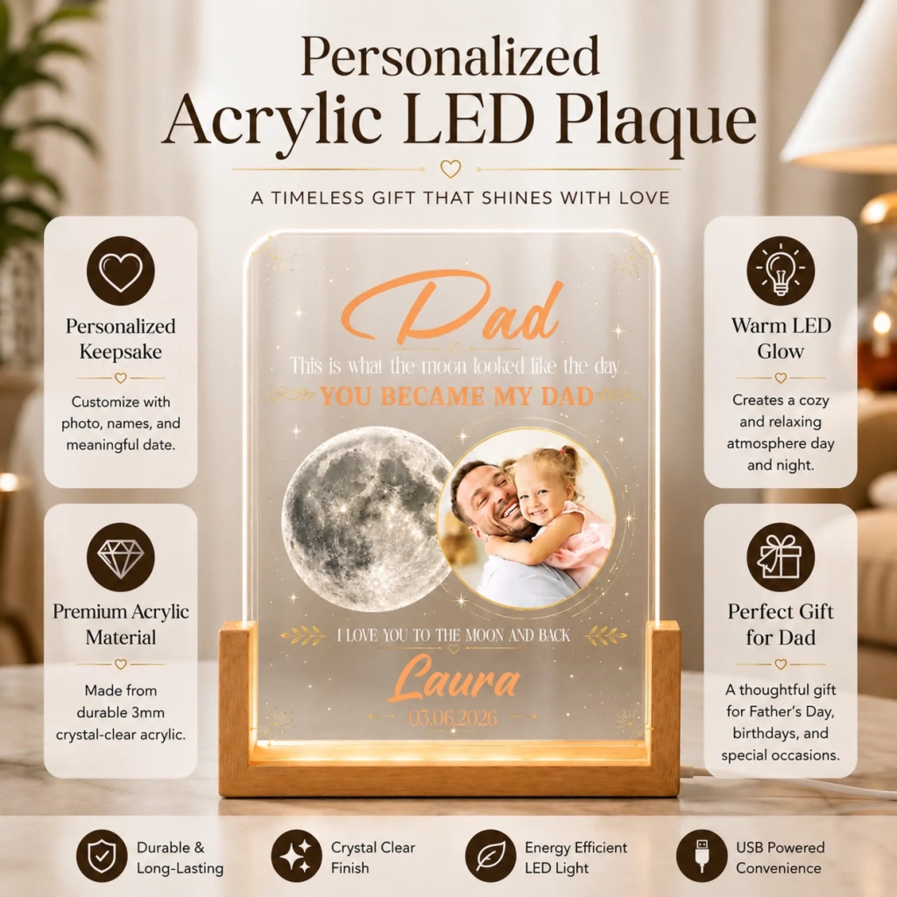Personalized acrylic LED plaque with photo of a man and child, text 'This is what the moon looked like the day YOU BECAME MY DAD' and 'Laura'.