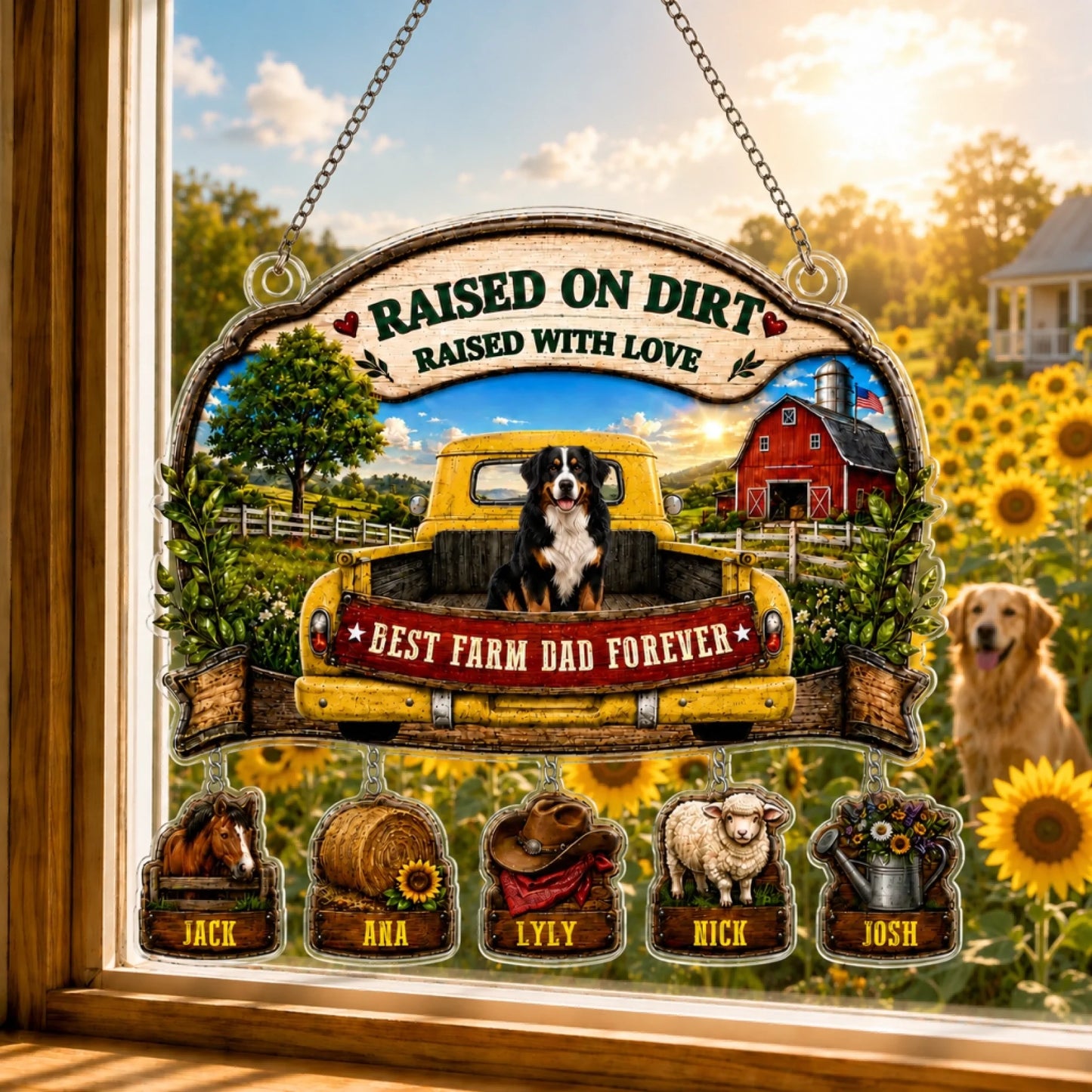 Decorative sign with farm-themed design featuring a yellow truck, barn, and animals, with text 'Raised on Dirt, Raised with Love, Best Farm Dad Forever'.