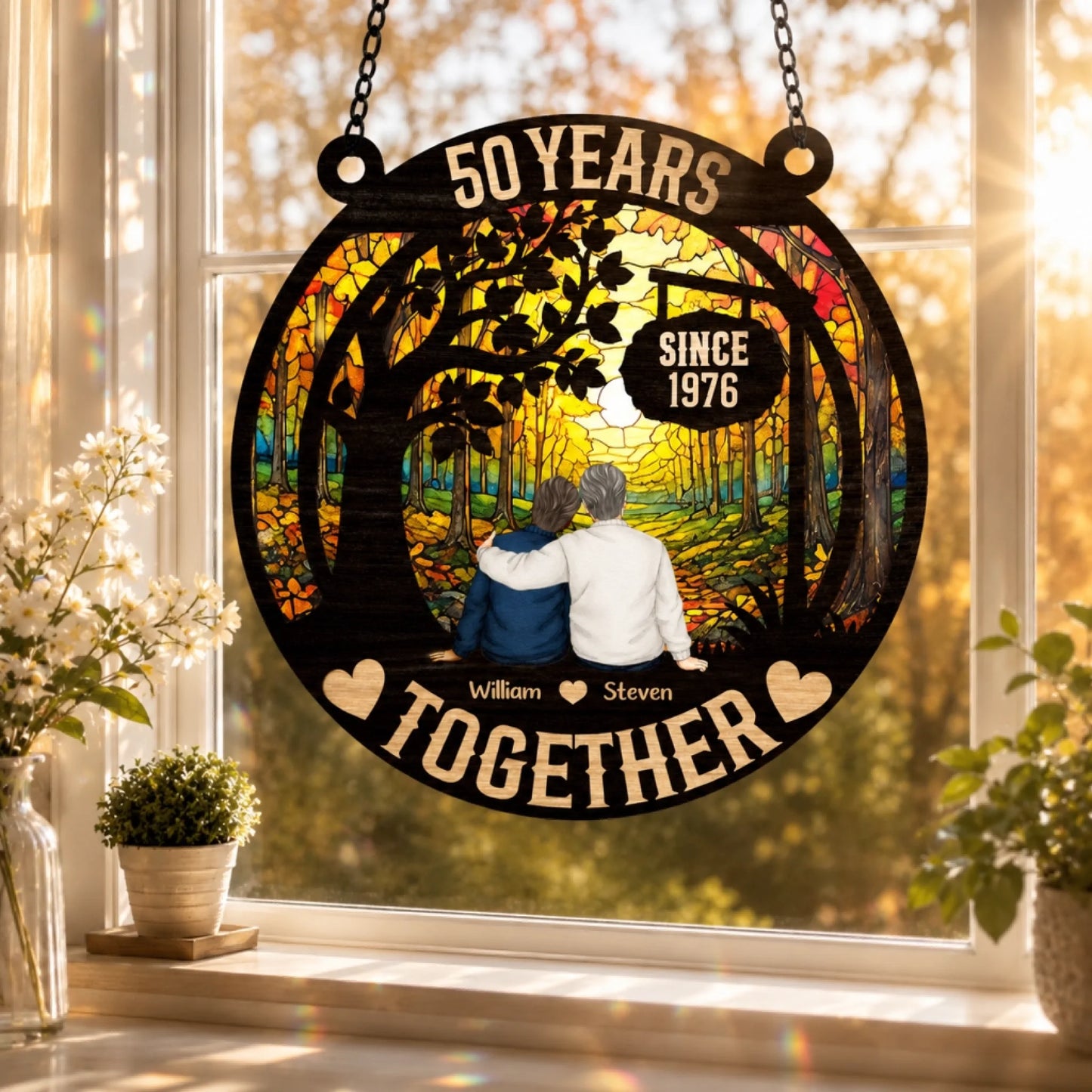 Custom couple suncatcher ornament showing years together – romantic anniversary keepsake