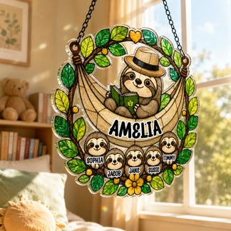 Custom sloth dad and kids suncatcher hanging in window