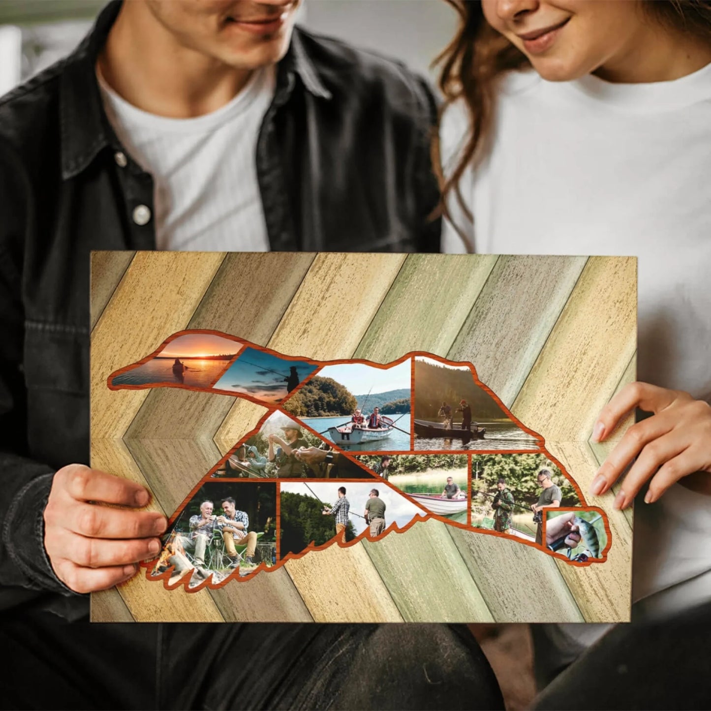 Couple holding custom duck-shaped fishing photo collage canvas – personalized Father's Day gift
