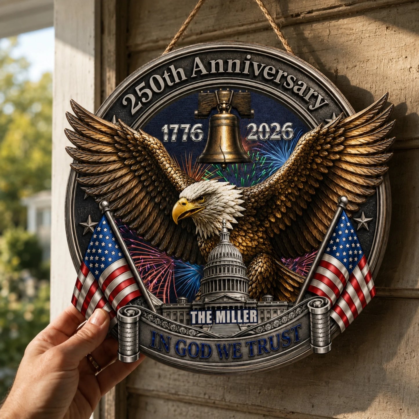 Custom family wooden sign with patriotic eagle and 1776-2026 for Independence Day decor