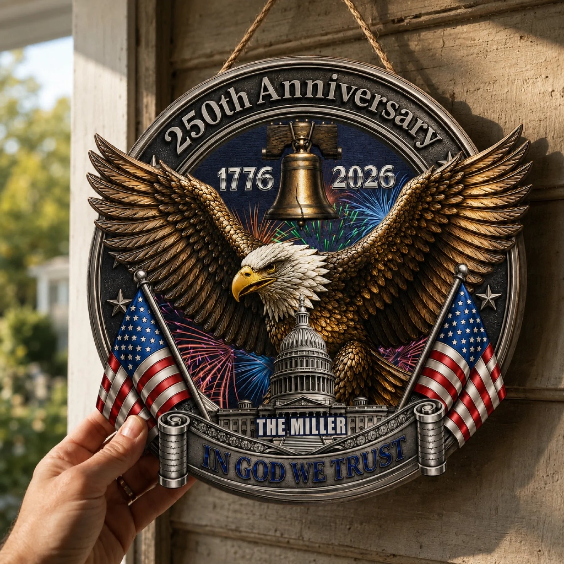 Custom family wooden sign with patriotic eagle and 1776-2026 for Independence Day decor