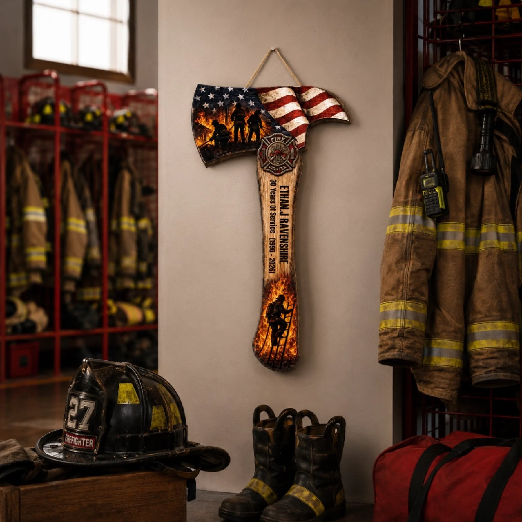 A decorative axe plaque hangs in a fire station, surrounded by firefighting gear, including a helmet, coat, boots, and a red bag.