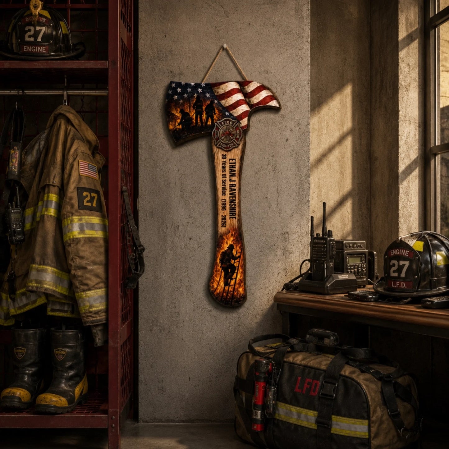 A personalized axe-shaped wall hanging adorns a concrete wall in a locker room with uniforms, boots, helmets, and gear nearby.
