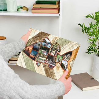 Man holding custom fishing photo collage canvas – personalized gift for Dad or him
