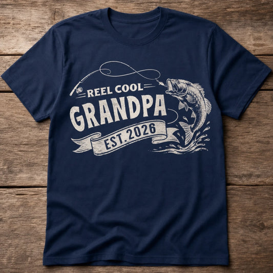 Front view of personalized fishing dad t-shirt with custom title and year