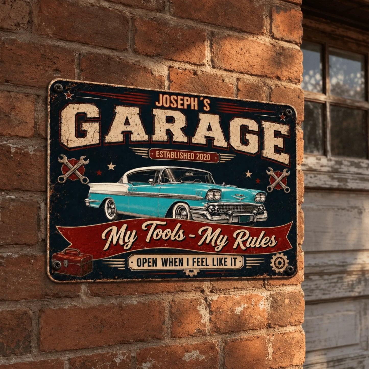 Hands holding a personalized garage metal sign with custom name and classic car artwork