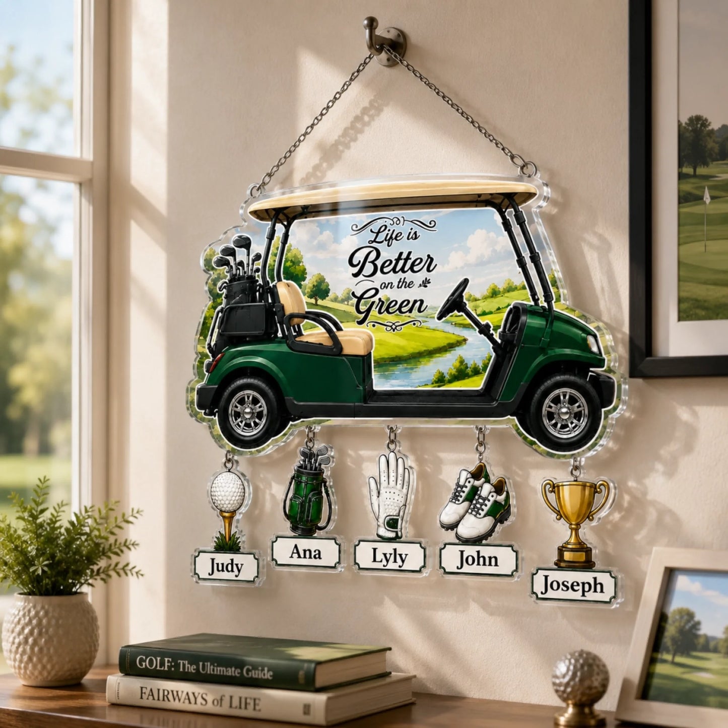 Custom golf suncatcher for dad featuring golf cart and scenic course background