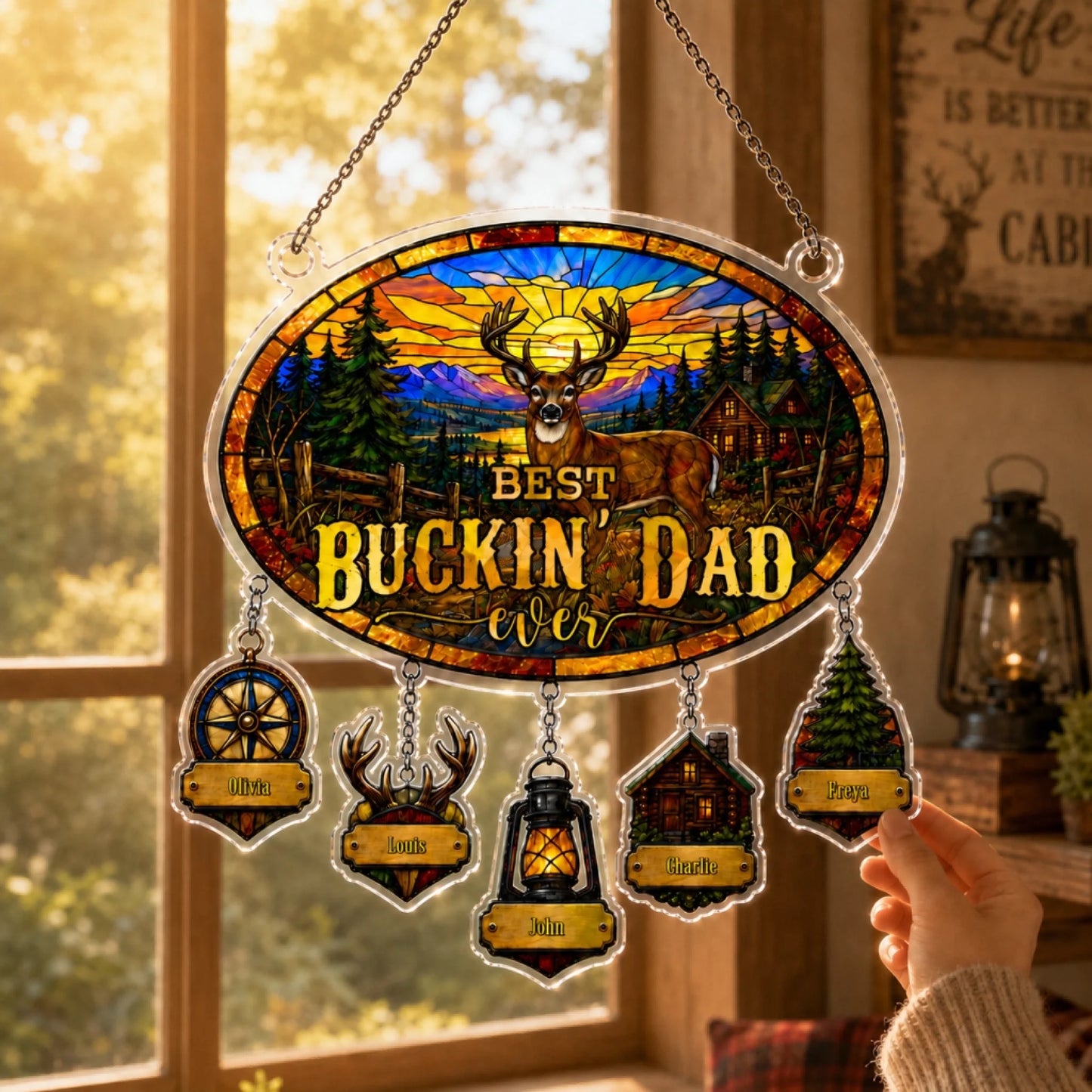 Custom kids name charms on hunting dad suncatcher ornament
