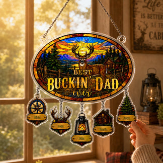 Custom kids name charms on hunting dad suncatcher ornament