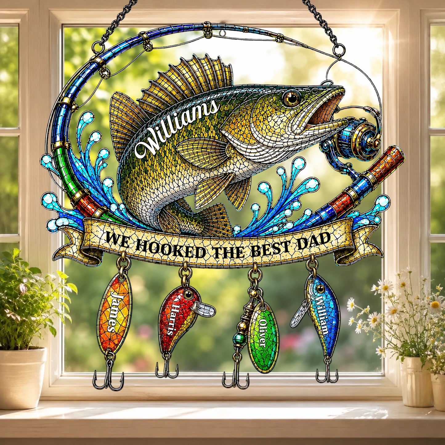 Decorative stained glass panel with a fish and fishing lures, featuring the text 'We hooked the best dad'.