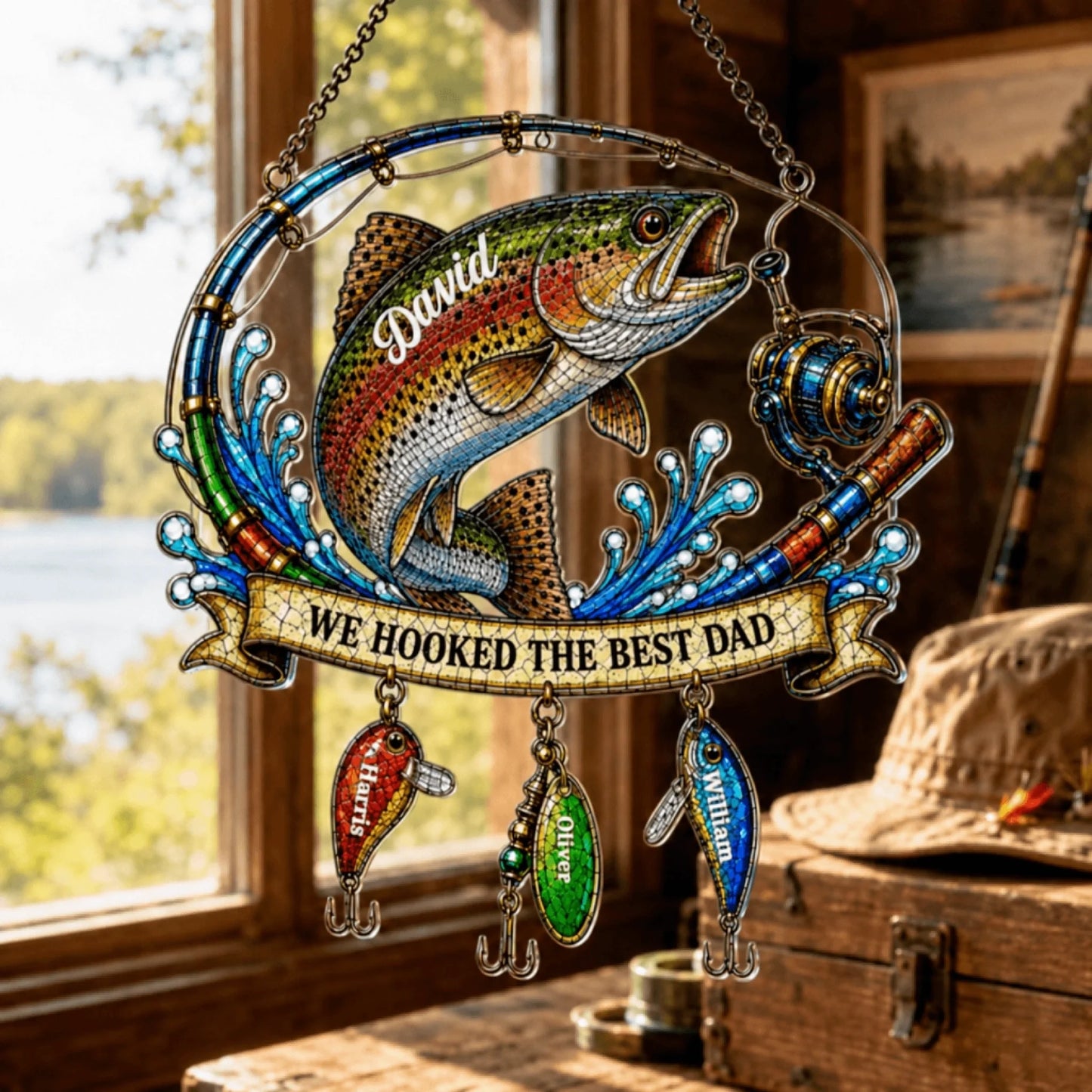 Dad Personalized Acrylic Suncatcher - Custom Kids Names & Multiple Fish Options - Father's Day Fishing Gift - Daddy's Best Catches Decor - Jollimate