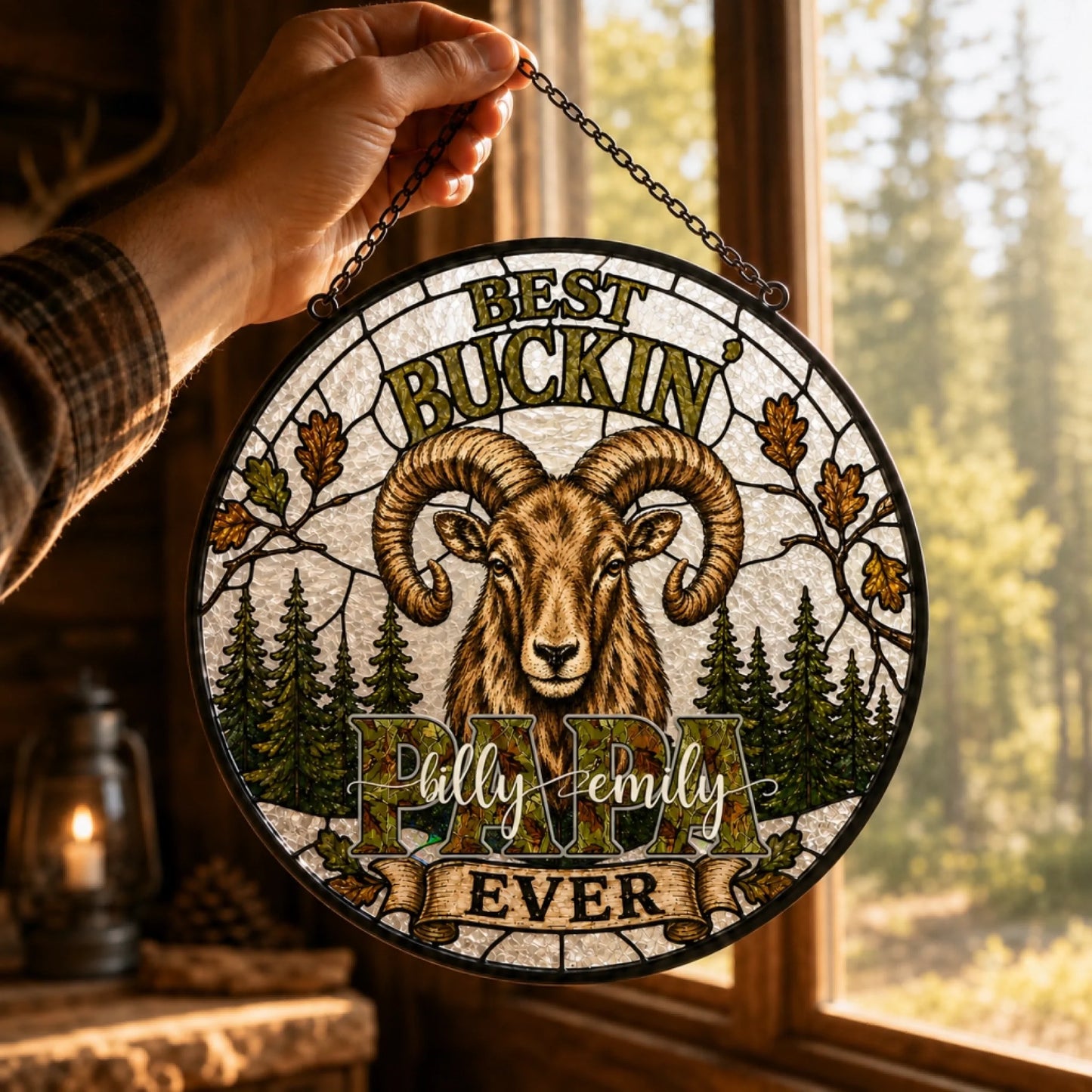 Personalized Glass Suncatcher Window Decor with Custom Kids Names – Best Buckin Dad Ever Hunting Design