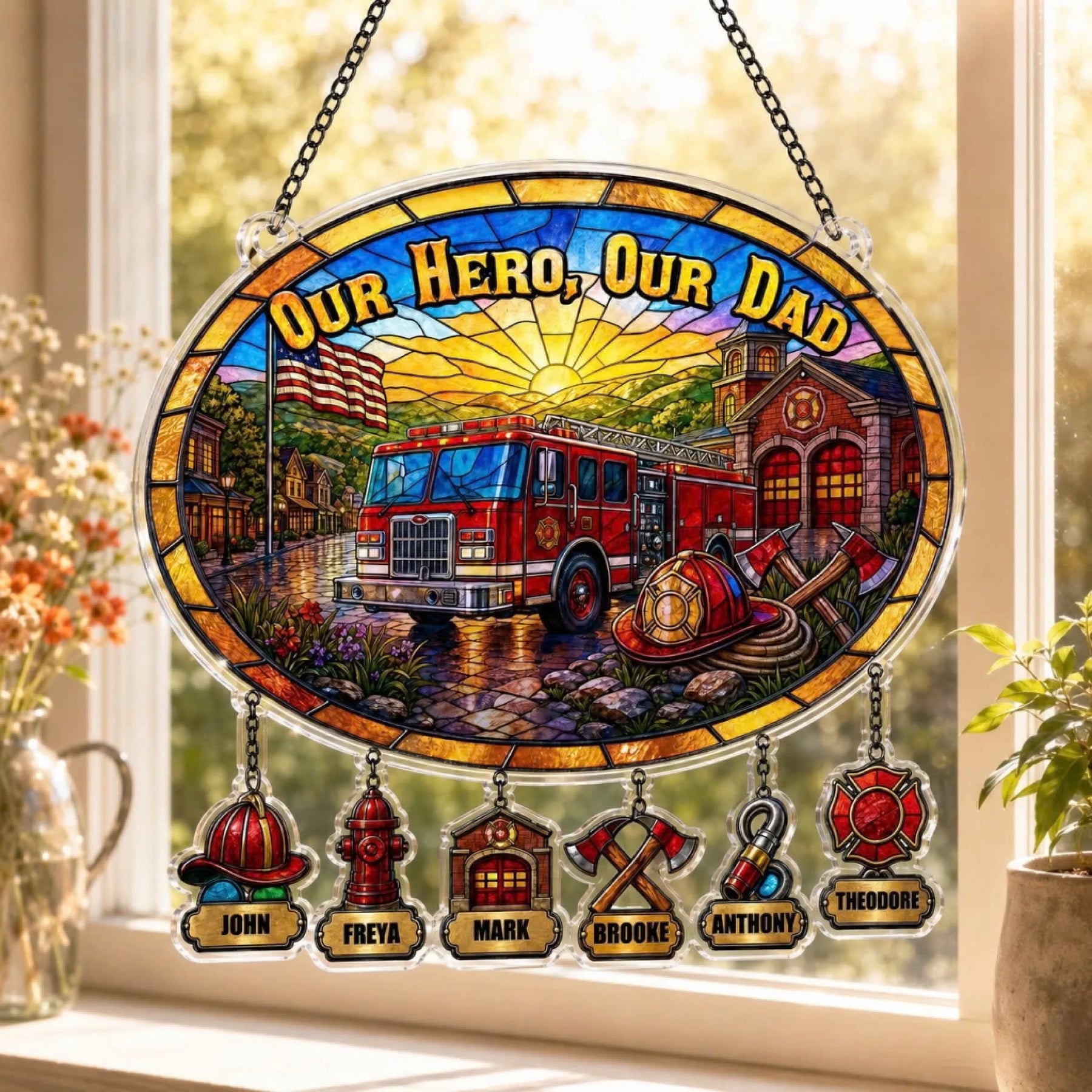 Personalized suncatcher with custom kids names for dad window decor gift