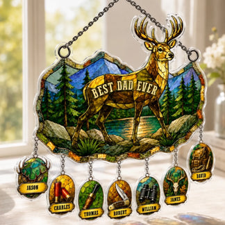Custom kids names suncatcher displayed in window with sunlight shining through