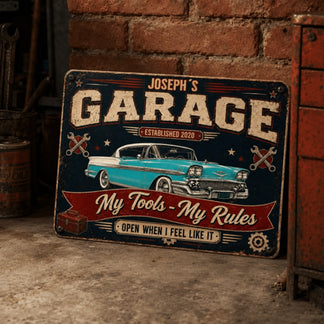 Custom garage metal sign example with personalized name, year, and "My Tools My Rules" text