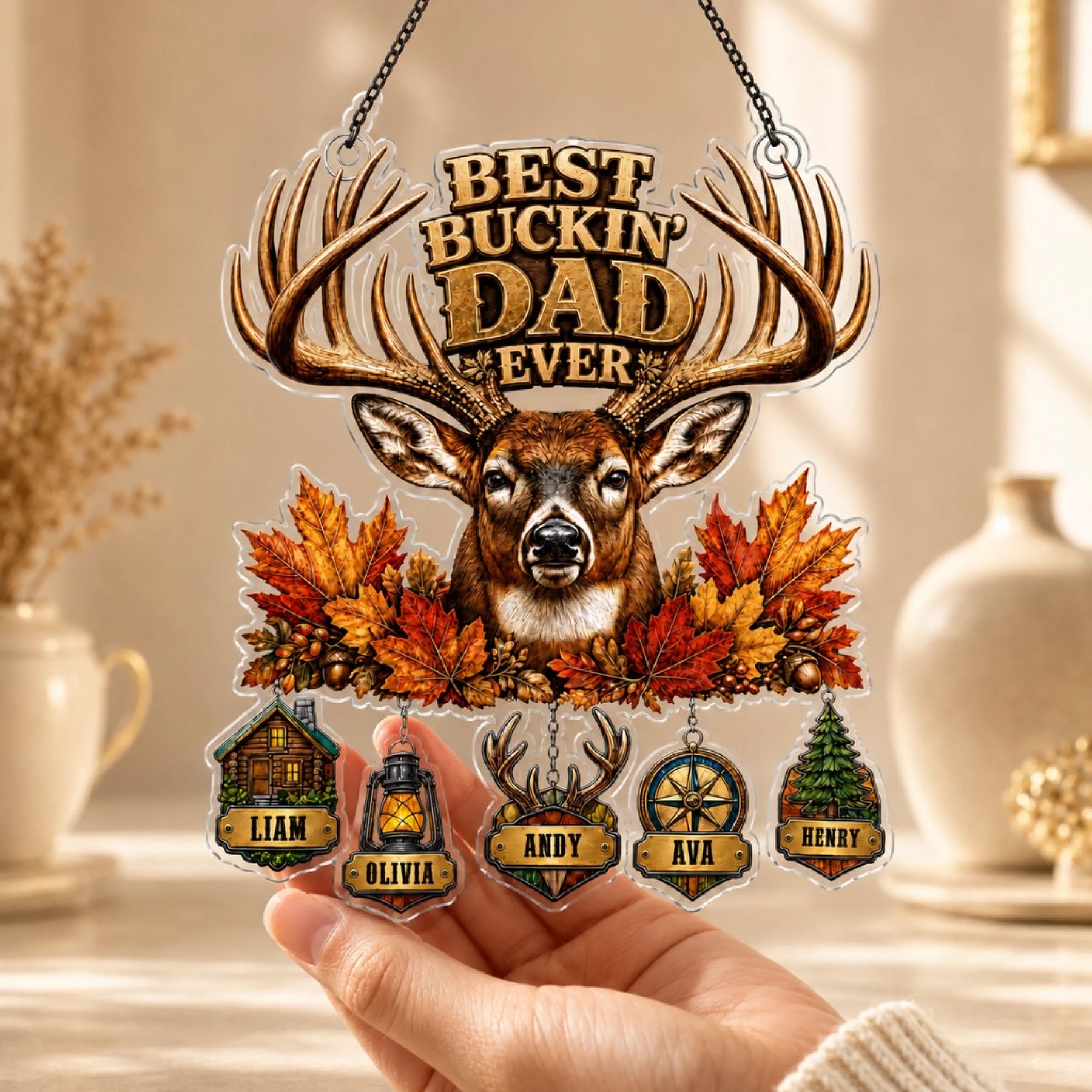 Custom name tag on Best Buckin Dad Ever suncatcher ornament