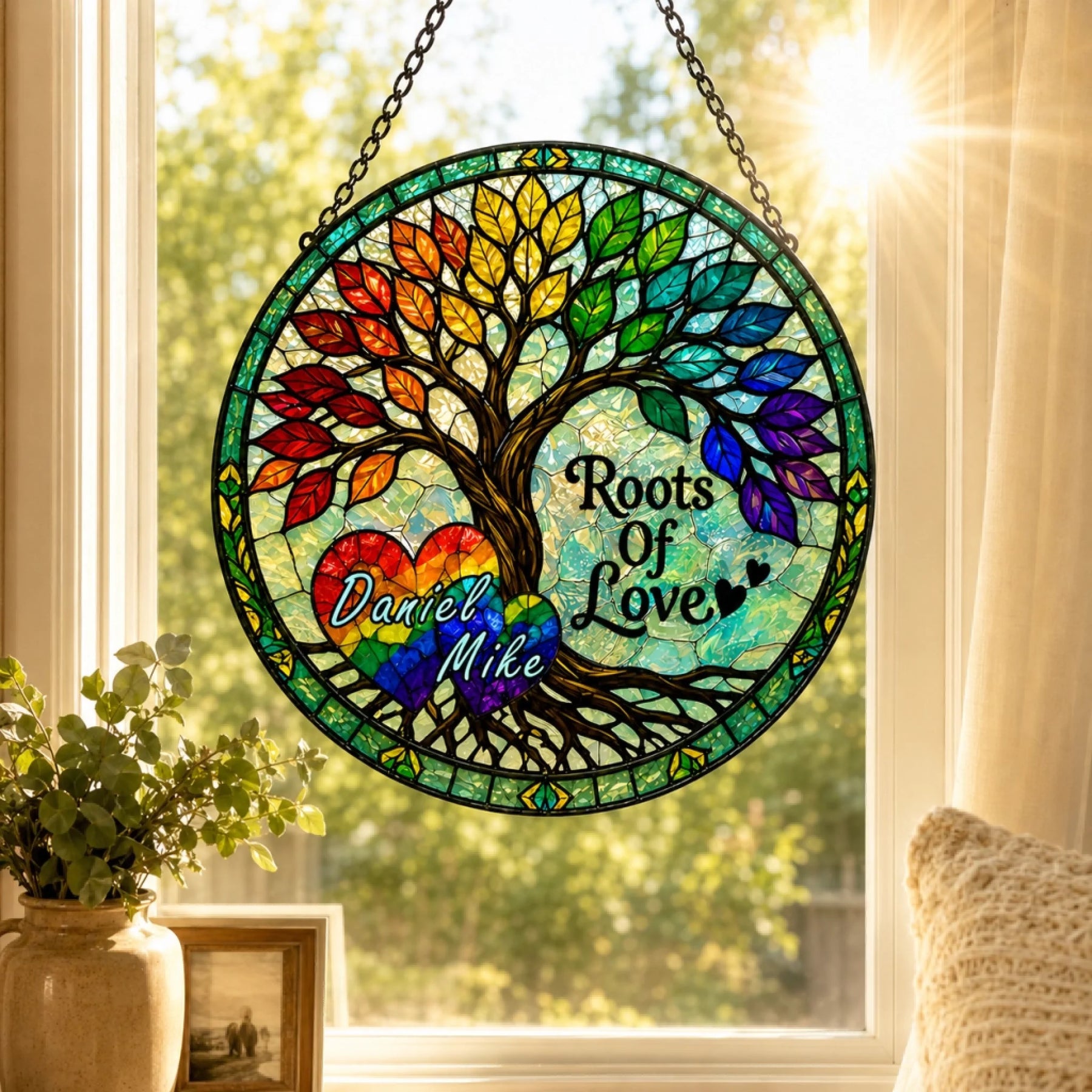 Custom Names LGBT Glass Suncatcher Window Decor – Anniversary Gift for Couples