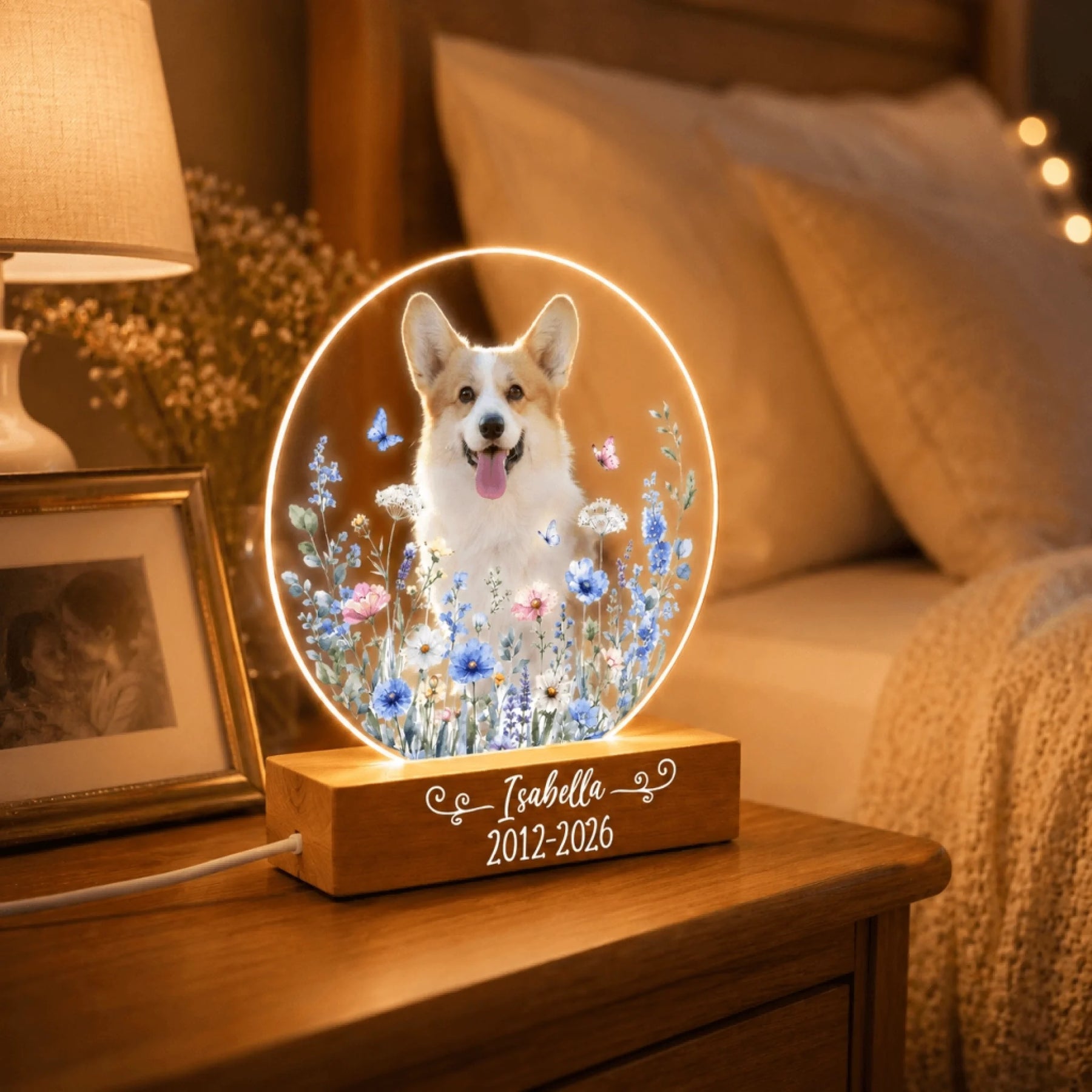 Custom pet photo lamp with dog name and year - dog remembrance keepsake
