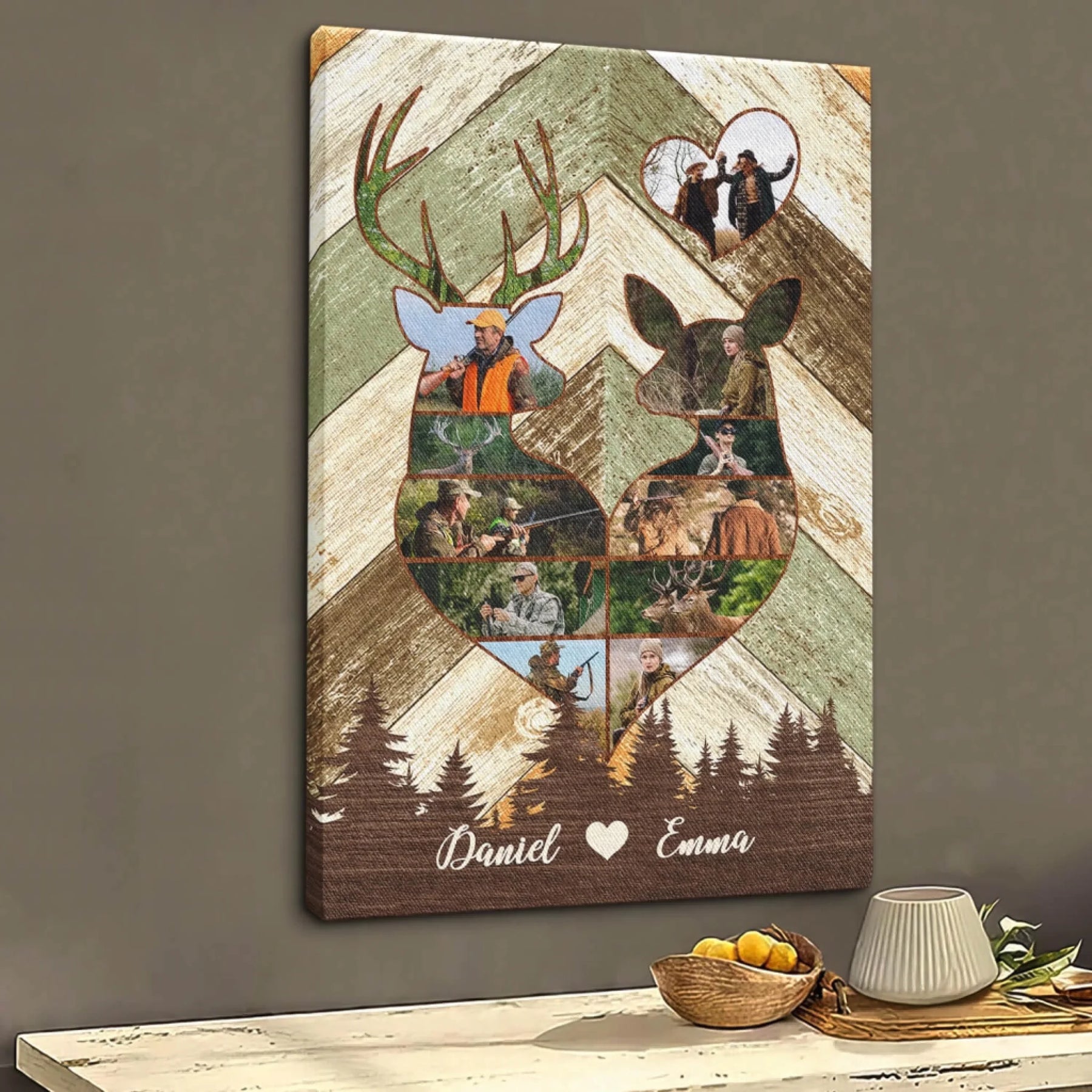 Custom Photo Collage Hunting Canvas with Heart Shape Design and Couple Names