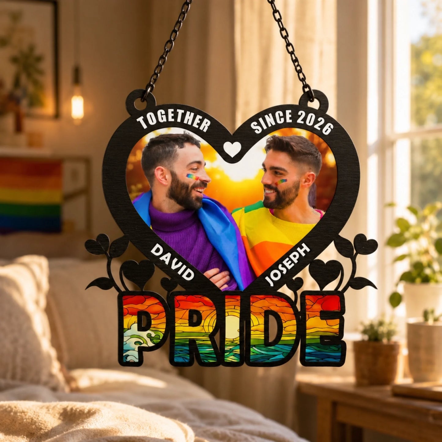 Custom photo suncatcher gift for gay couple – anniversary and birthday gift idea