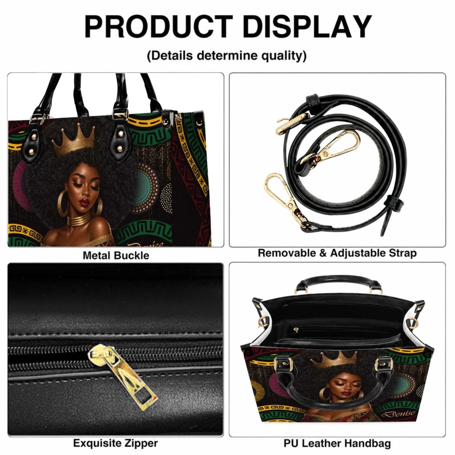 Product detail view of a black queen handbag showing the metal buckle removable strap zipper closure and PU leather.