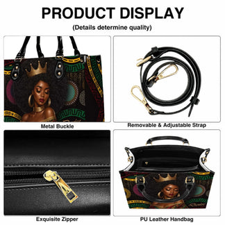 Product detail view of a black queen handbag showing the metal buckle removable strap zipper closure and PU leather.