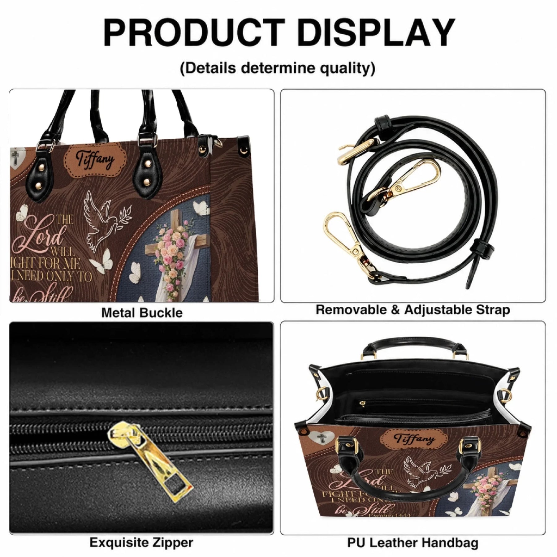 Product feature display of religious floral cross handbag showing zipper strap and high quality leather material