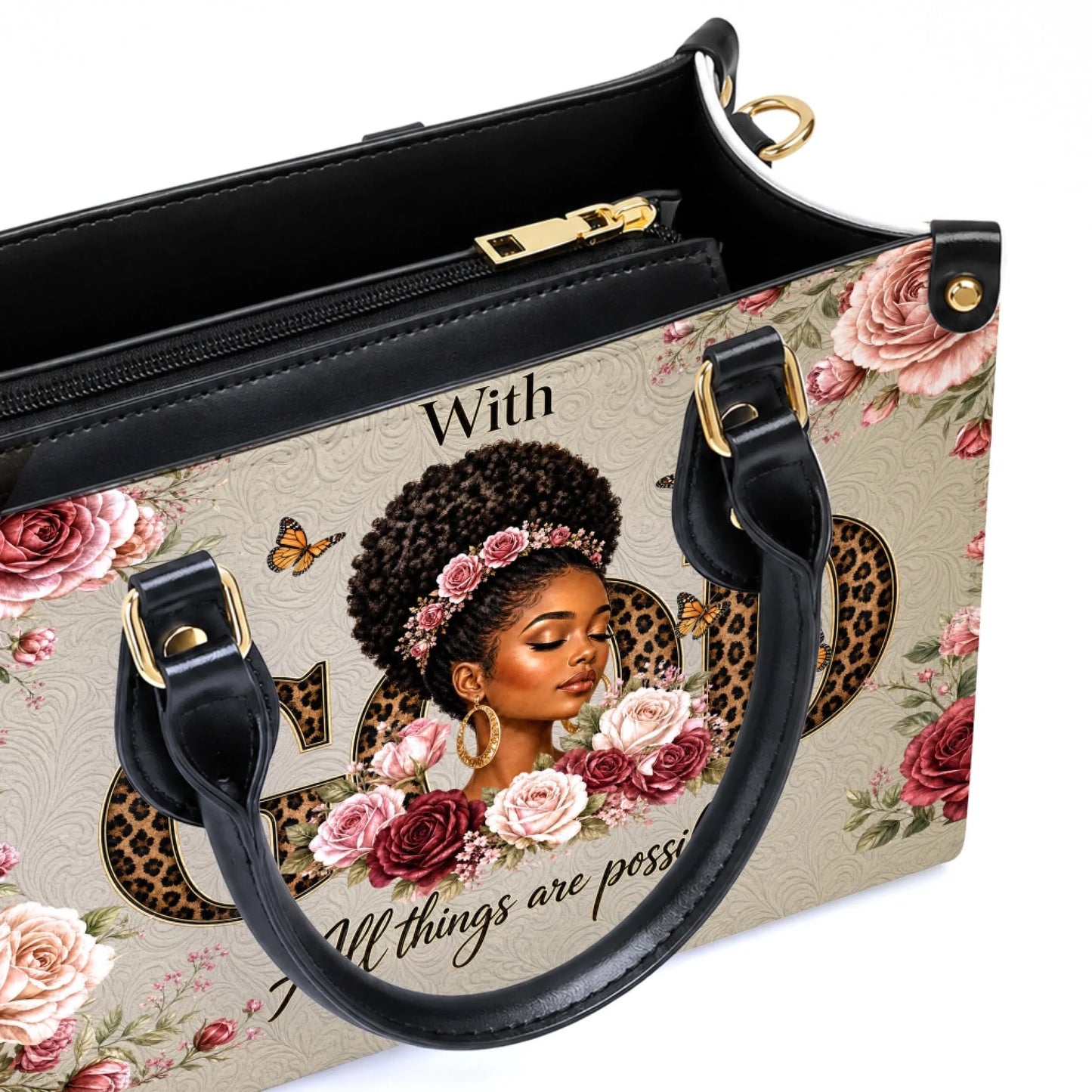 Inside view of a stylish handbag with leopard print typography and floral graphics, perfect for faith-based gifting.