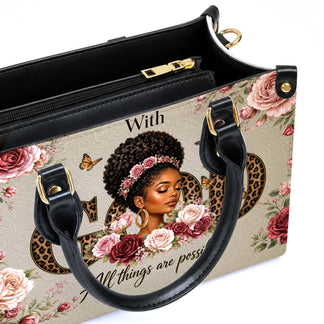 Inside view of a stylish handbag with leopard print typography and floral graphics, perfect for faith-based gifting.