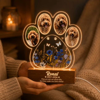 Personalized LED paw print night light memorial gift with four custom dog photos and a touching pet loss tribute.