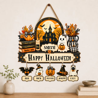 Customizable Smith family Halloween wooden wall sign decorated with ghosts, pumpkins, and individual family member tags.