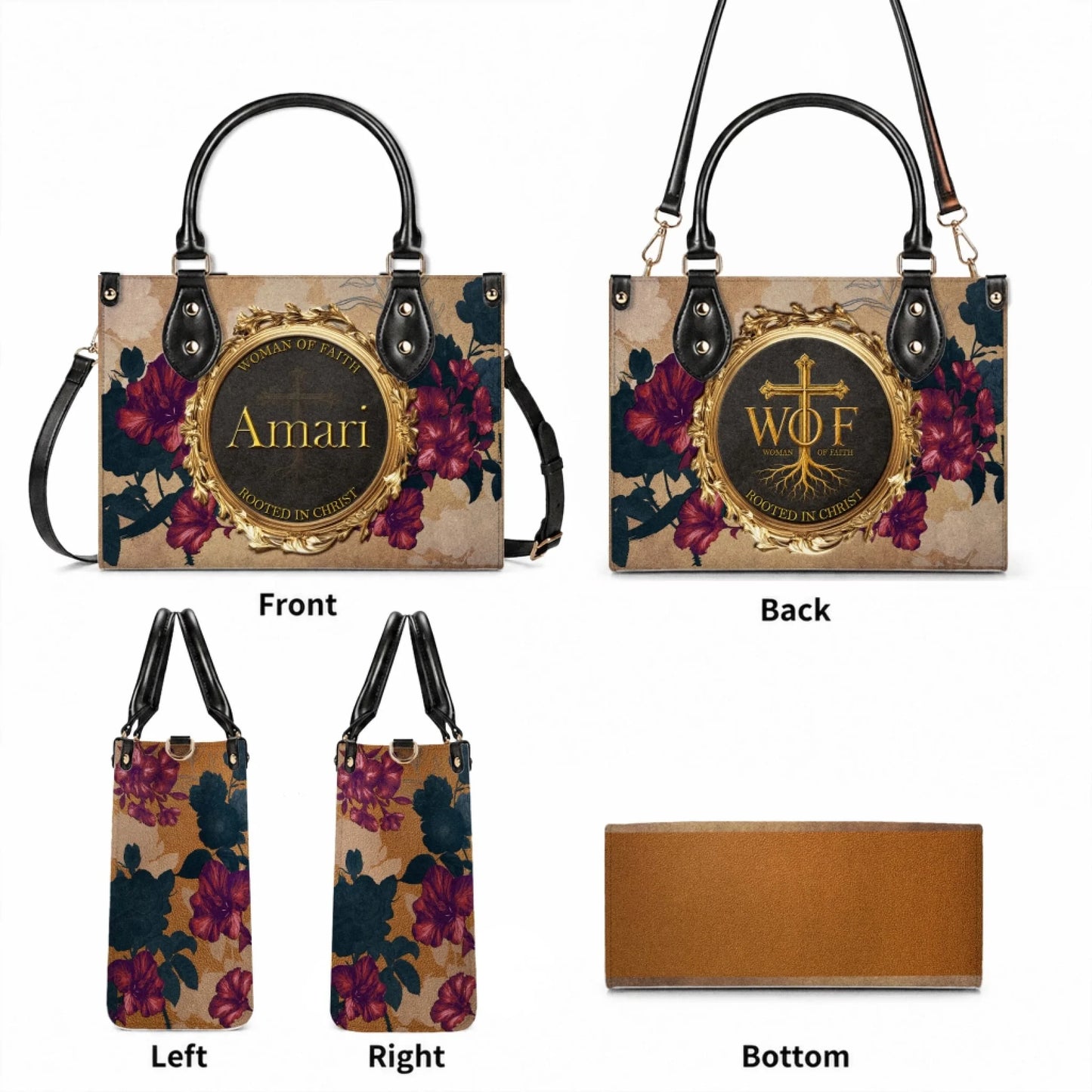 View of a customizable floral tote bag showcasing front, back, side, and bottom angles with a Woman of Faith religious design.
