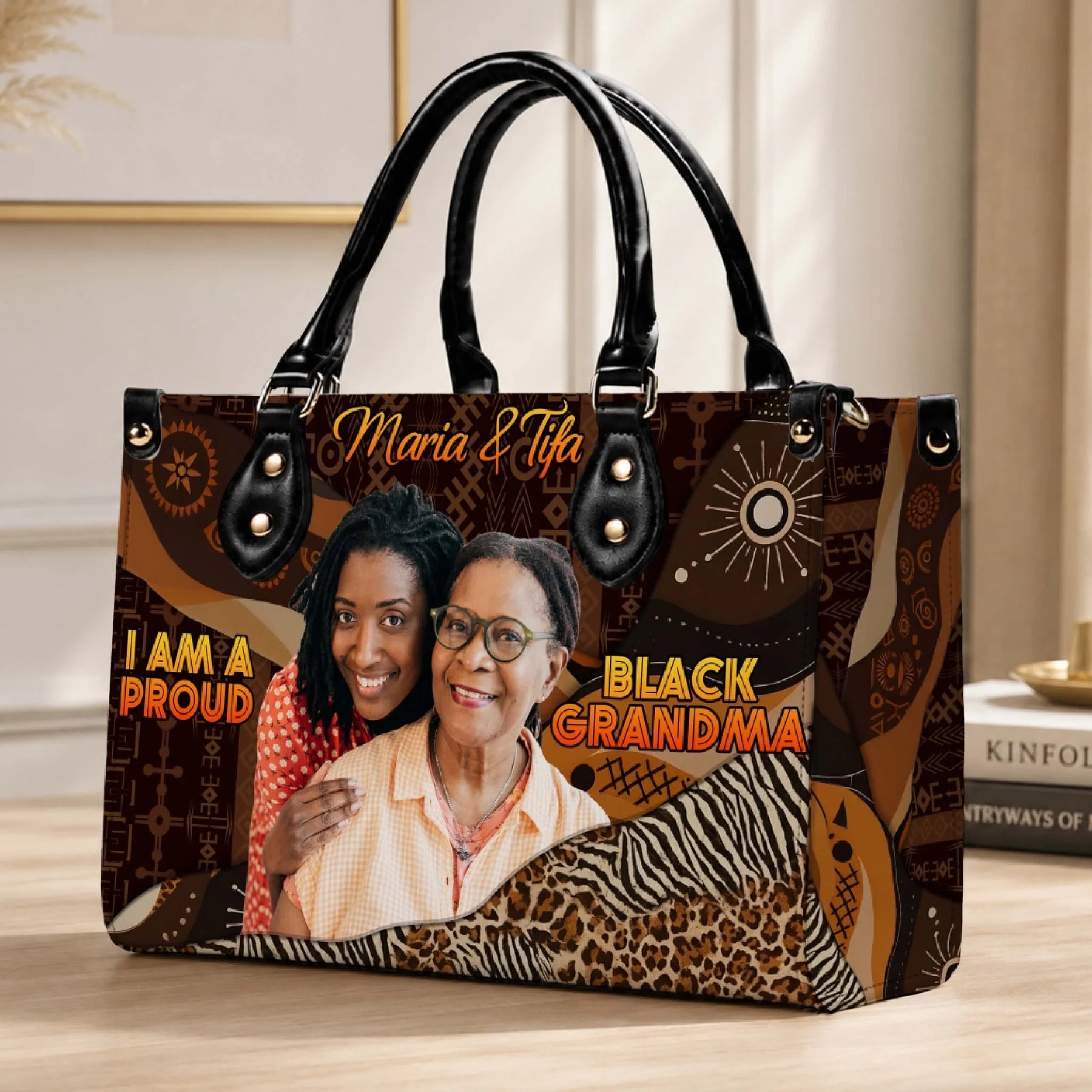 Personalized black grandma handbag with custom photo and names, ideal gift for grandma featuring ethnic tribal patterns.