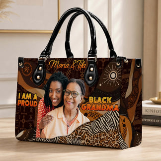 Personalized black grandma handbag with custom photo and names, ideal gift for grandma featuring ethnic tribal patterns.
