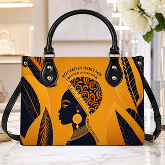 Fashionable PU leather tote bag with a bold Black woman artistic illustration and inspiring quote for women.