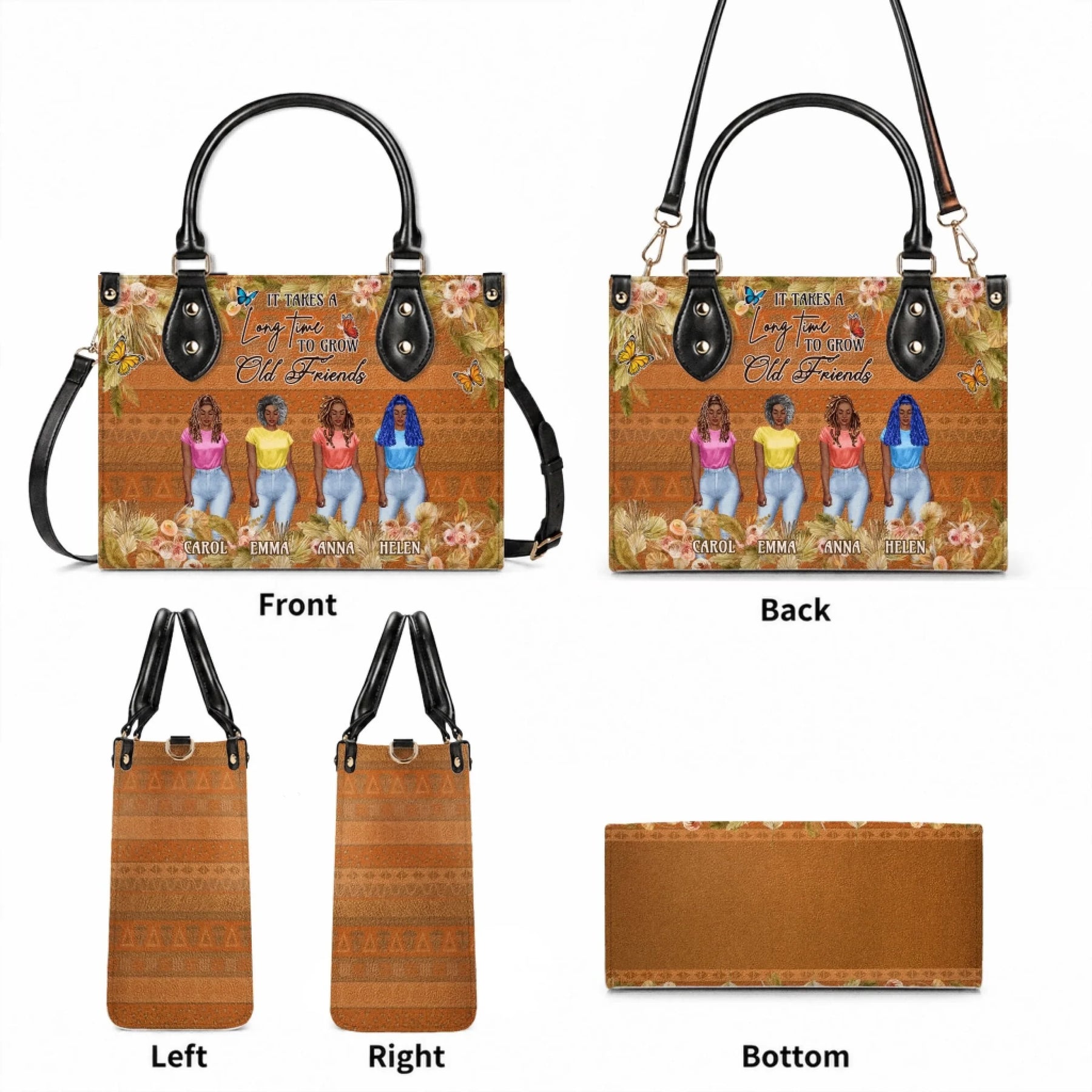 Front and back views of a personalized friends tote bag with floral accents and a boho pattern, perfect for besties.