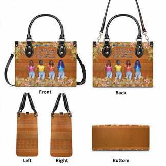Front and back views of a personalized friends tote bag with floral accents and a boho pattern, perfect for besties.