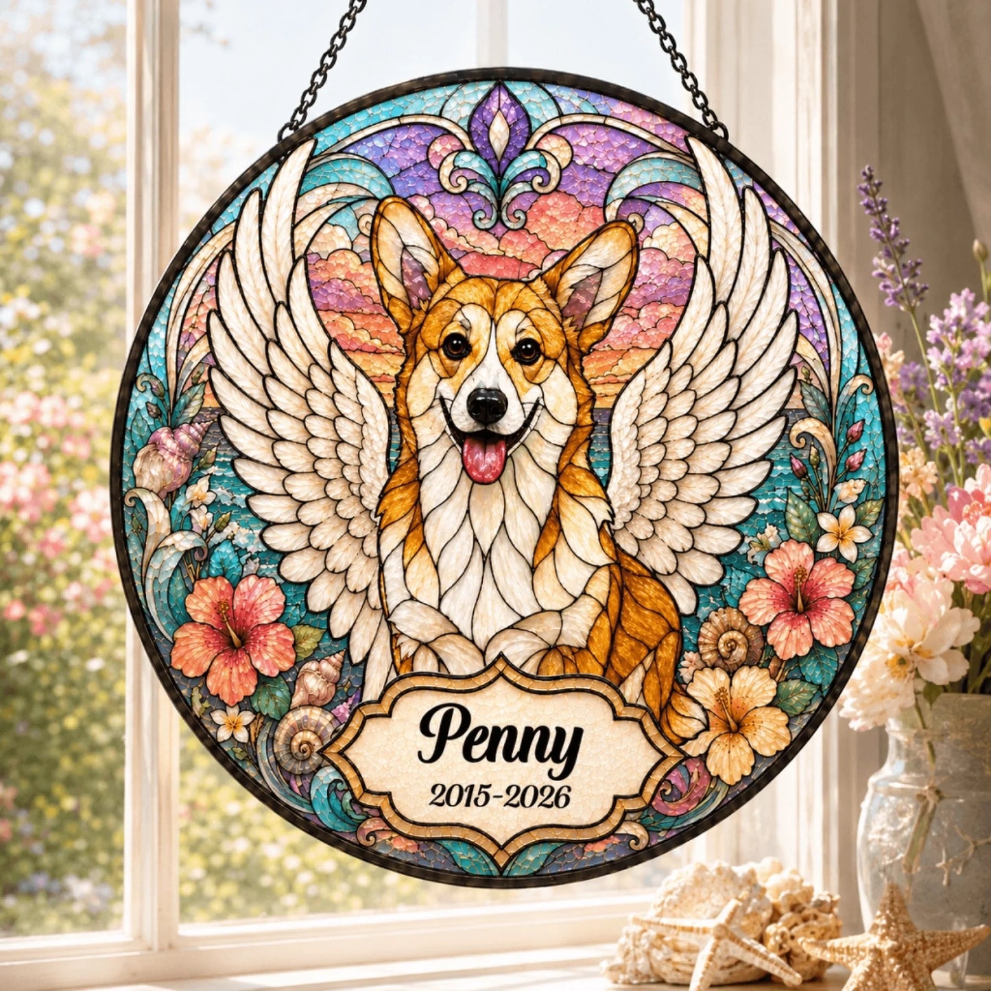 Custom pet loss memorial suncatcher displaying a corgi with angel wings, personalized with name Penny and years.
