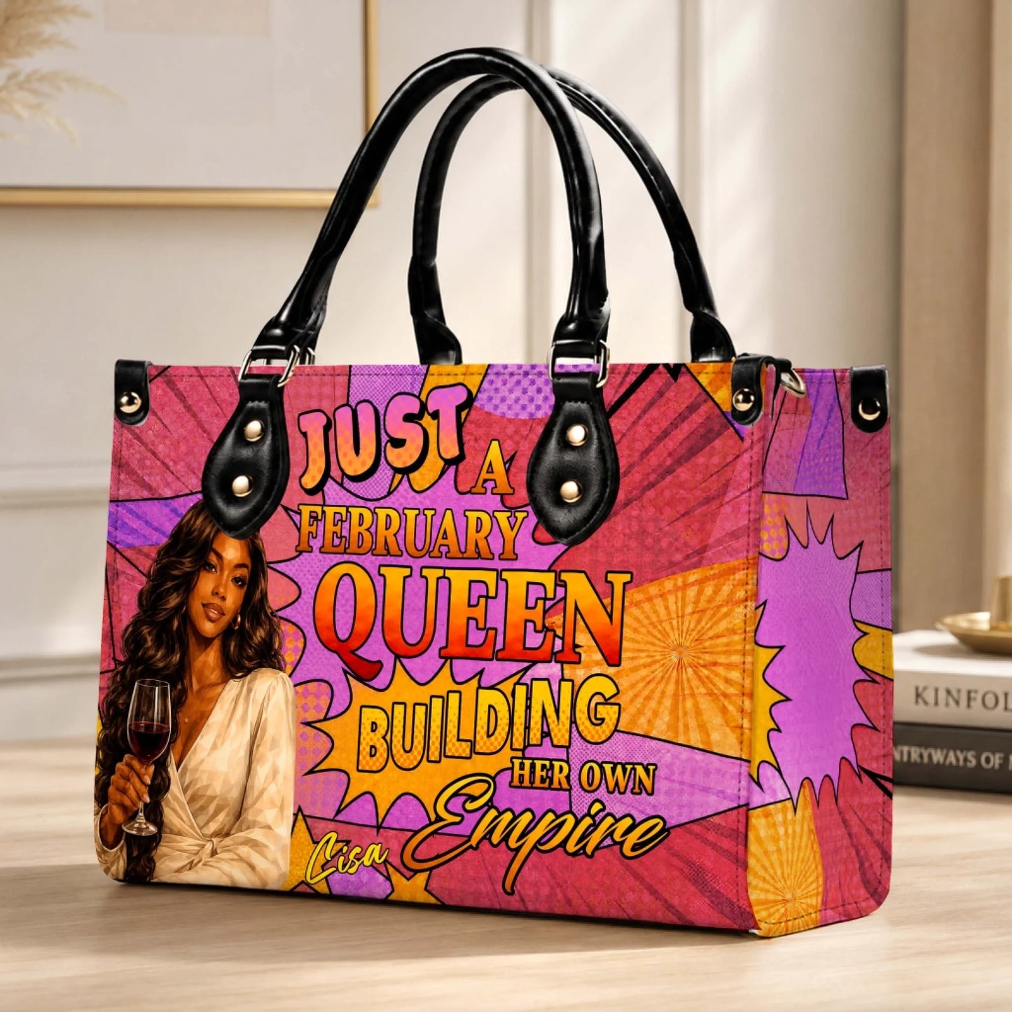 Stylish personalized handbag with a February Queen graphic, custom name, and wine illustration for fashion lovers.