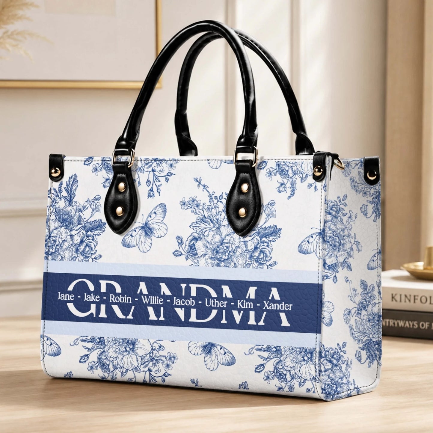 Stylish white and blue floral tote bag with butterflies and custom names designed as a personalized gift for grandma