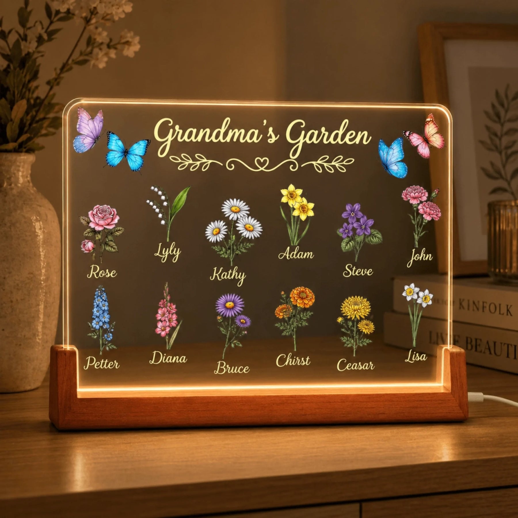 Personalized Grandma's Garden LED acrylic desk lamp with floral illustrations and custom names, ideal for home decor.